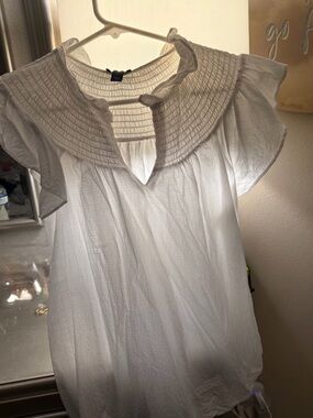 Ann Taylor White Smocked Collar Flutter-Sleeve Blouse